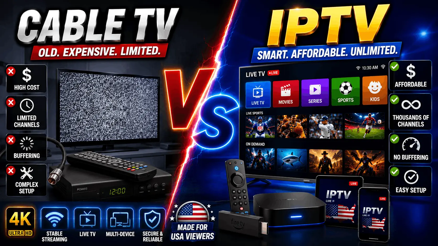 Cable TV vs IPTV subscription — full 2026 comparison of price, channels, devices and savings for US households
